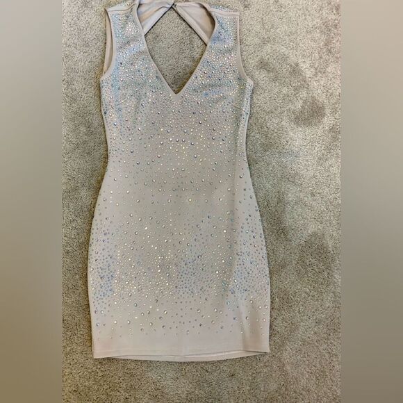 Wow Couture beige sleeveless backless aurora borealis Crystal rhinestone dress M - Picture 4 of 13